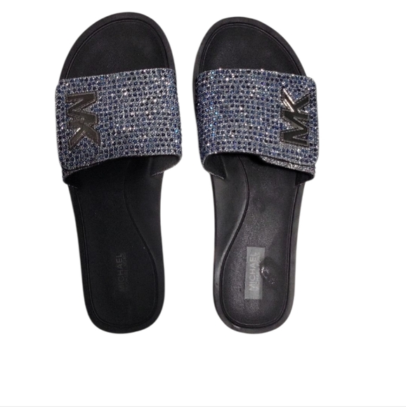 Michael Kors Shoes - Michael Kors Blue Rhinestone Black Slide Sandals 10M